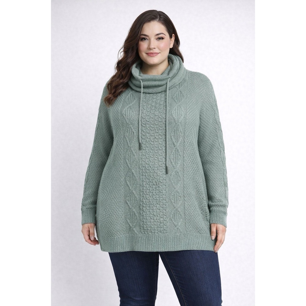 LL Bean Signature Funnel Neck Cable Knit Sweater Pockets Sage‎ Green XL Cotton